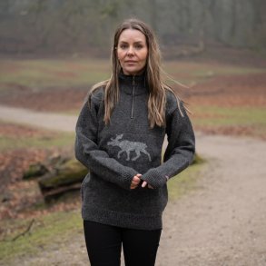 Koks gr uldtrje med lys elg motiv, til kvinder 