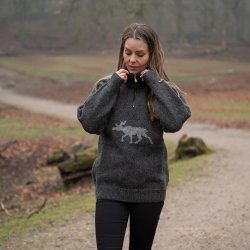 Koks gr uldtrje med lys elg motiv, til kvinder 