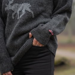 Koks gr uldtrje med lys elg motiv, til kvinder 