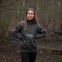 Koks gr uldtrje med lys elg motiv, til kvinder 