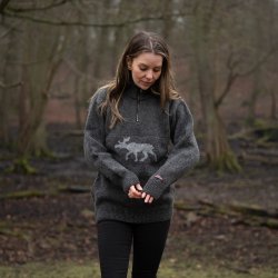 Koks gr uldtrje med lys elg motiv, til kvinder 