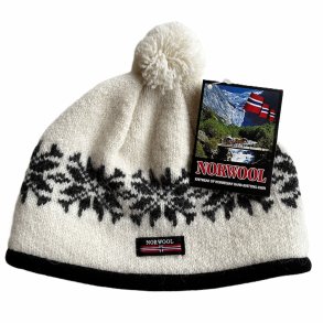 Hvid strikhue m/kvast af 100% ren ny uld.