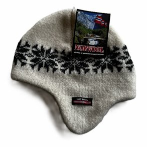 Hvid strikhue m/reklap af 100% ren ny uld