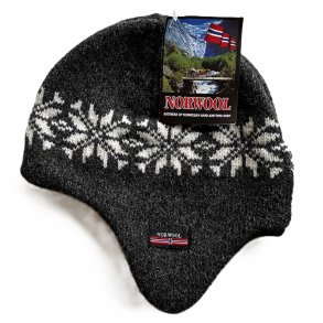 Strikket hue med is stjerne mnster i ren uld med reklap og indvendigt fleece