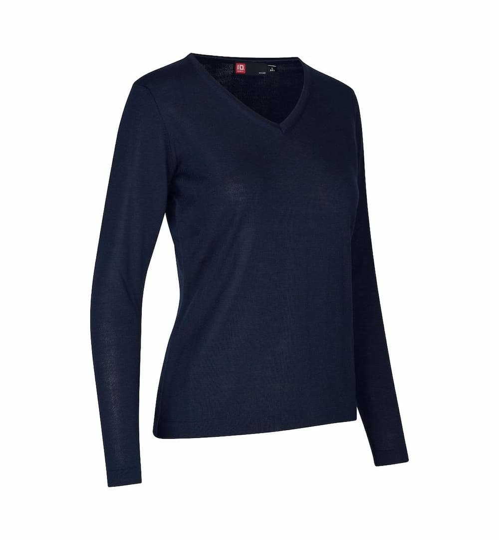 Dame strikpullover med V-hals i merinould, navy bl. 