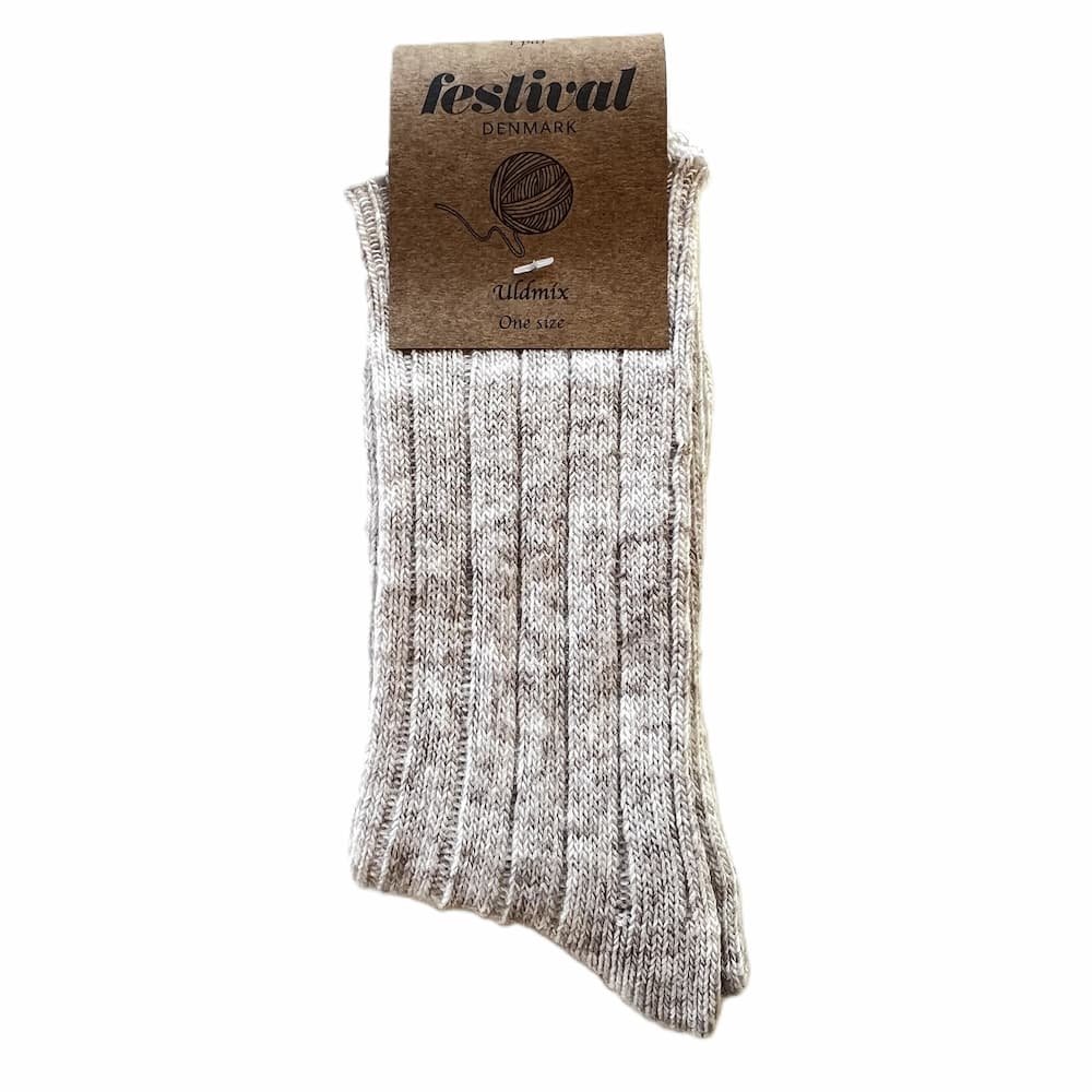 Ribstrikket uldsokker lys beige