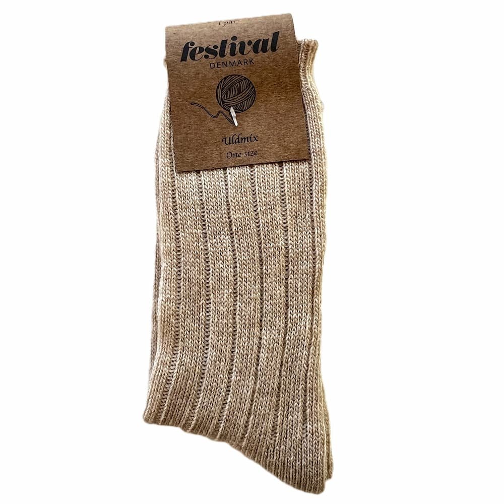 Ribstrikket uldsokker mrk beige 