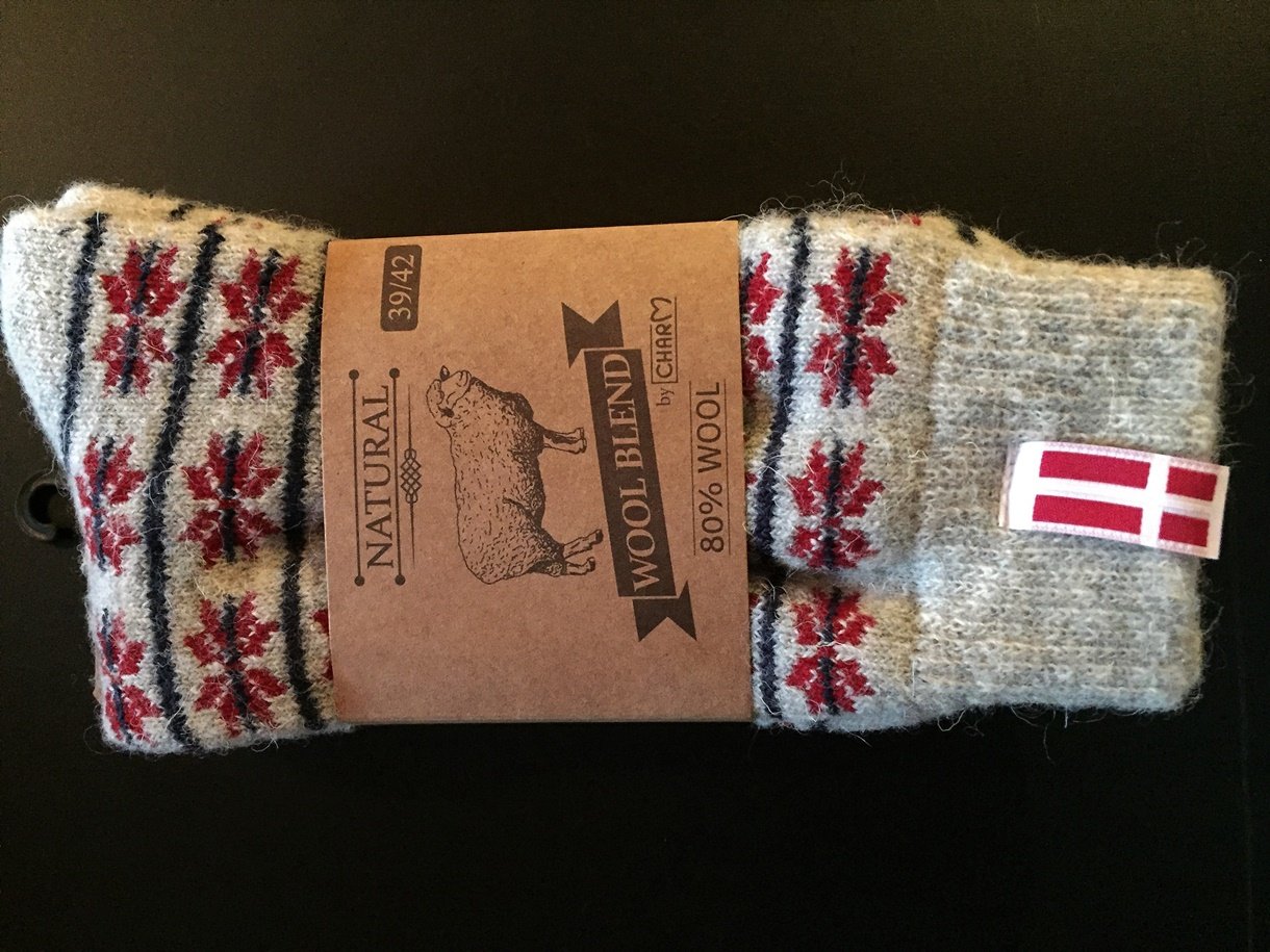 Blde strik sokker i 80% ren uld med flot mnster