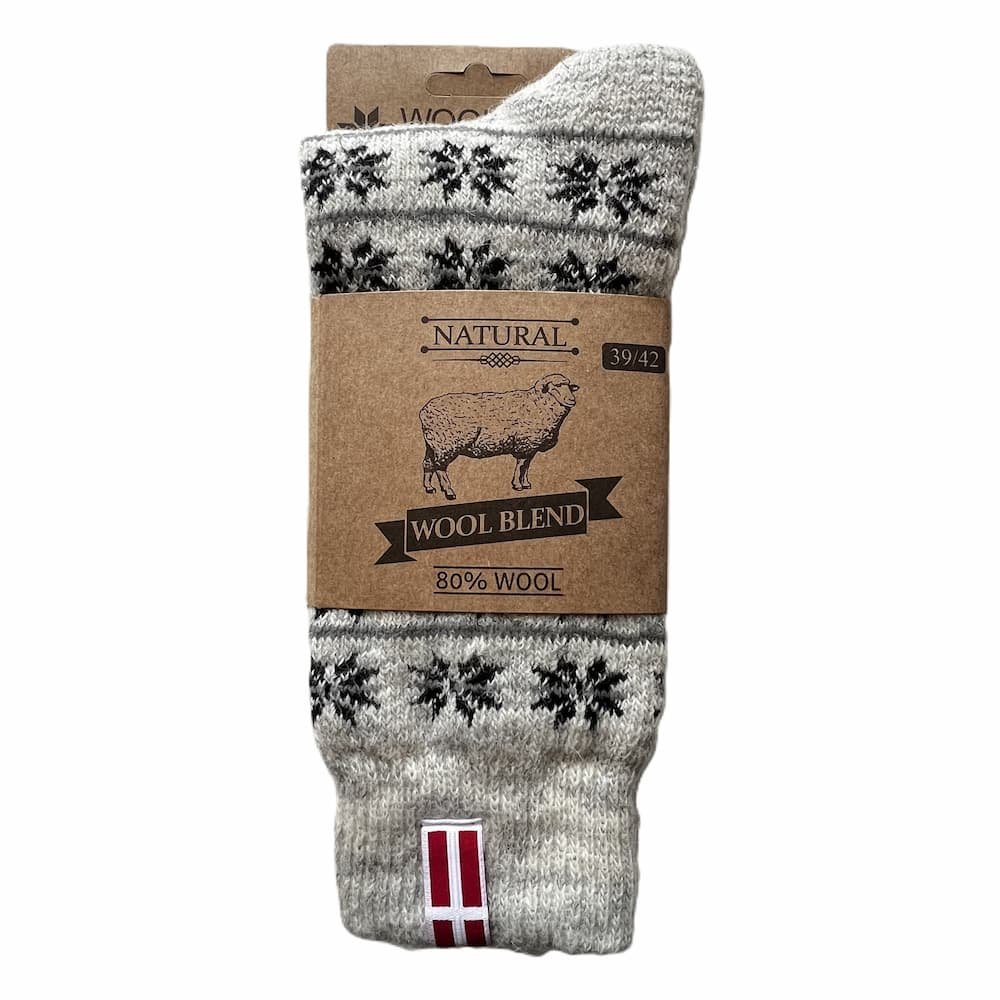 Starke Wollsocken aus 80% Wolle in Hellgrau mit schwarzem Muster