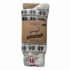 Starke Wollsocken aus 80% Wolle in Hellgrau mit schwarzem Muster